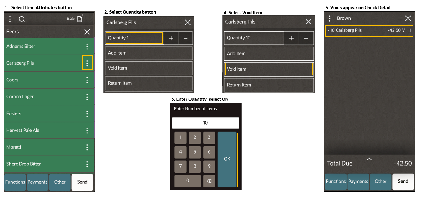 This image shows the sequence of pages using the Void shortcut on the POS client for the mobile phone and handheld device UI.