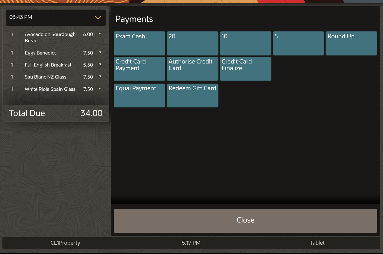 This figure shows the Payments page on the POS client for the workstation or tablet UI.