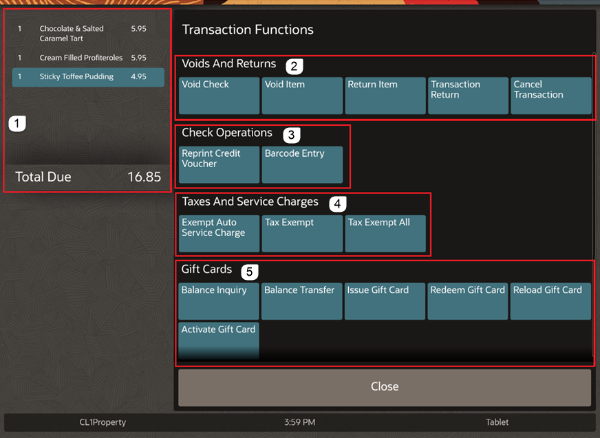 This figure shows the QSR check functions that appear on the POS client for the workstation or tablet UI.
