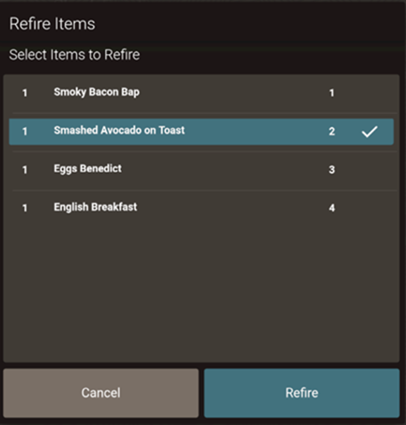 This figure shows the Refire Items page on the POS client for the workstation or tablet UI.
