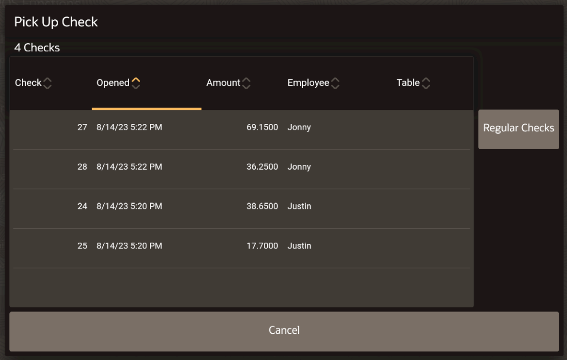 This figure shows the Pick Up Check dialog that appears on the POS client for the workstation or tablet UI.