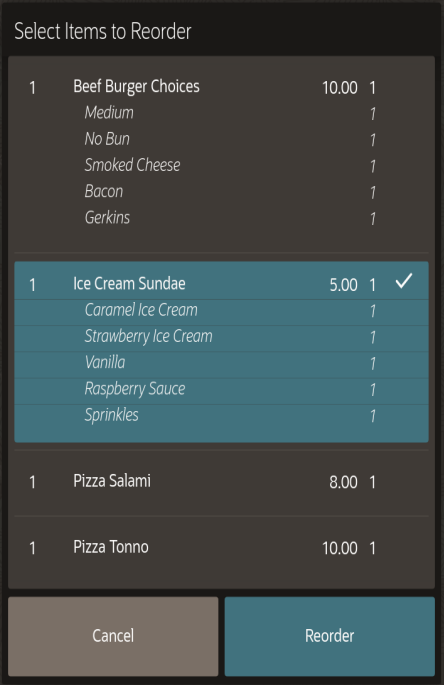 This figure shows an example of reordering an item with condiments on the POS client for the workstation or tablet UI.