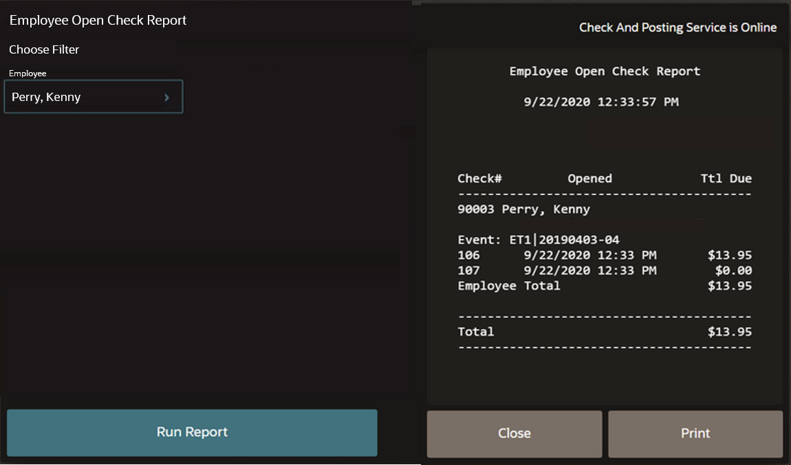 This figure shows the Employee Open Check Report.
