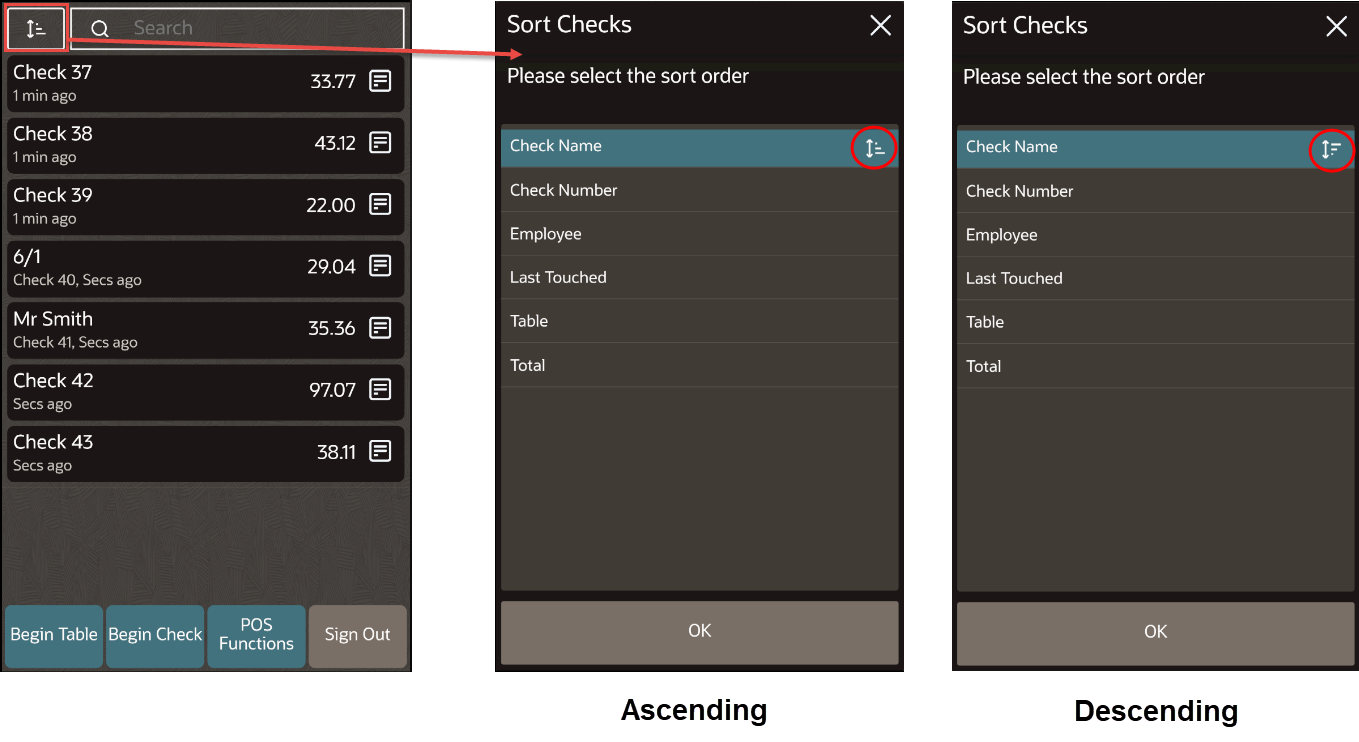 This figure shows the TSR Home page and that clicking the Sort icon opens the Sort Checks dialog on the POS client for the mobile phone and handheld device UI. You can sort the checks in ascending or descending order.