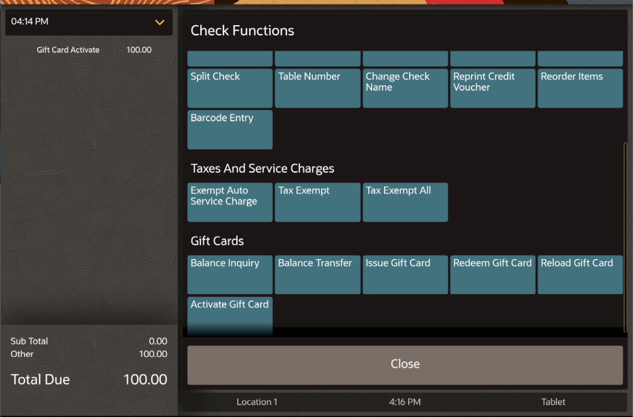 This figure shows the Payments page with a Gift Card Activate listed in the check detail on the POS client for the workstation or tablet UI.
