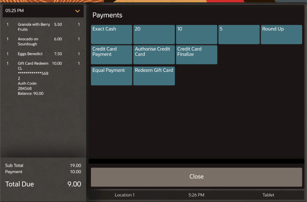 This figure shows the Payments page with a Gift Card Redeem listed in the check detail on the POS client for the workstation or tablet UI.