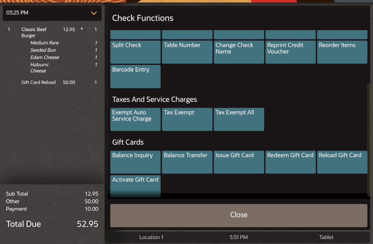 This figure shows the Payments page with a Gift Card Reload listed in the check detail on the POS client for the workstation or tablet UI.