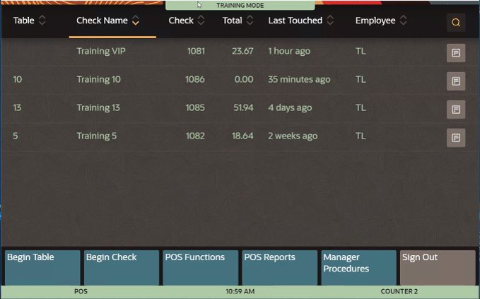 This figure shows the check list with training checks and green banners on the POS client for the workstation or tablet UI.
