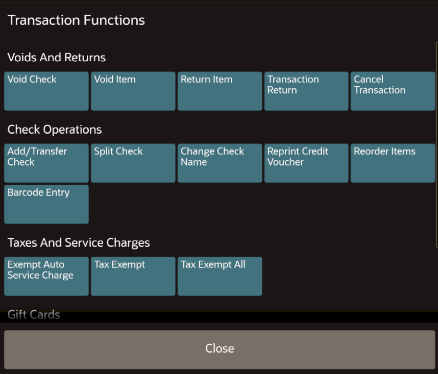 This figure shows the Bar Transaction Functions page that appears on the POS client for the workstation or tablet UI.