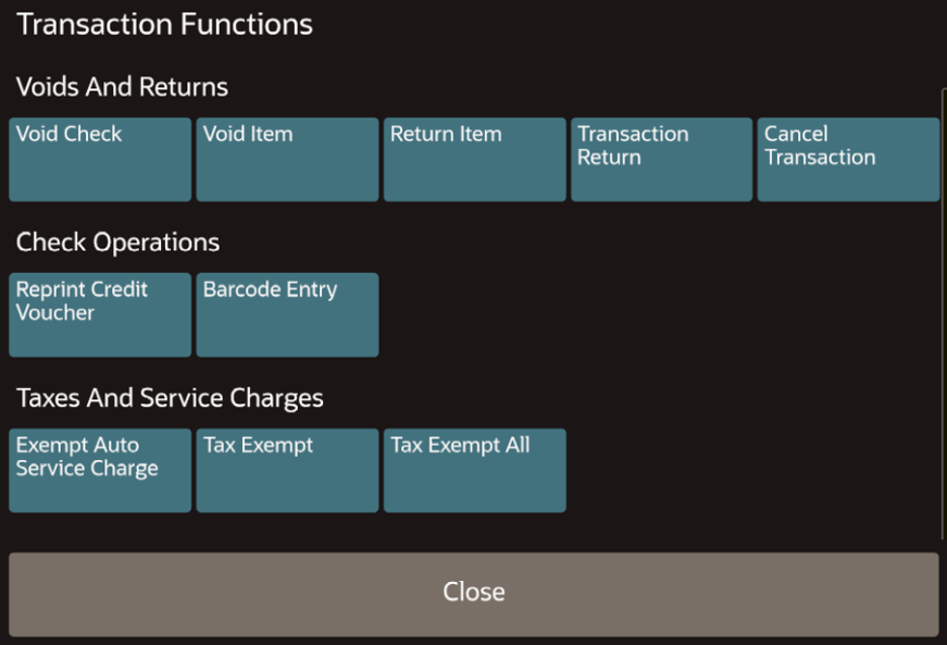 This figure shows the QSR Transaction Functions page that appears on the POS client for the workstation or tablet UI.