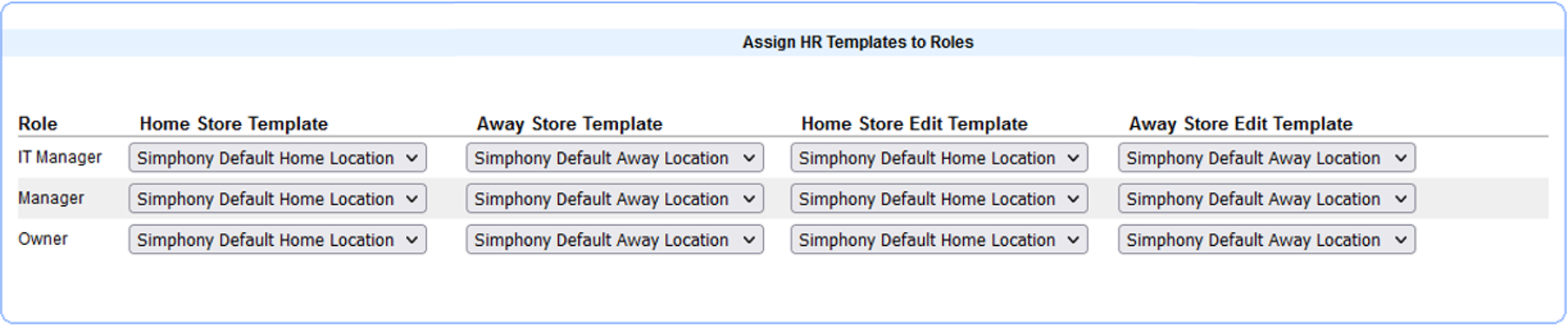 This figure shows the assign HR templates to roles fields.