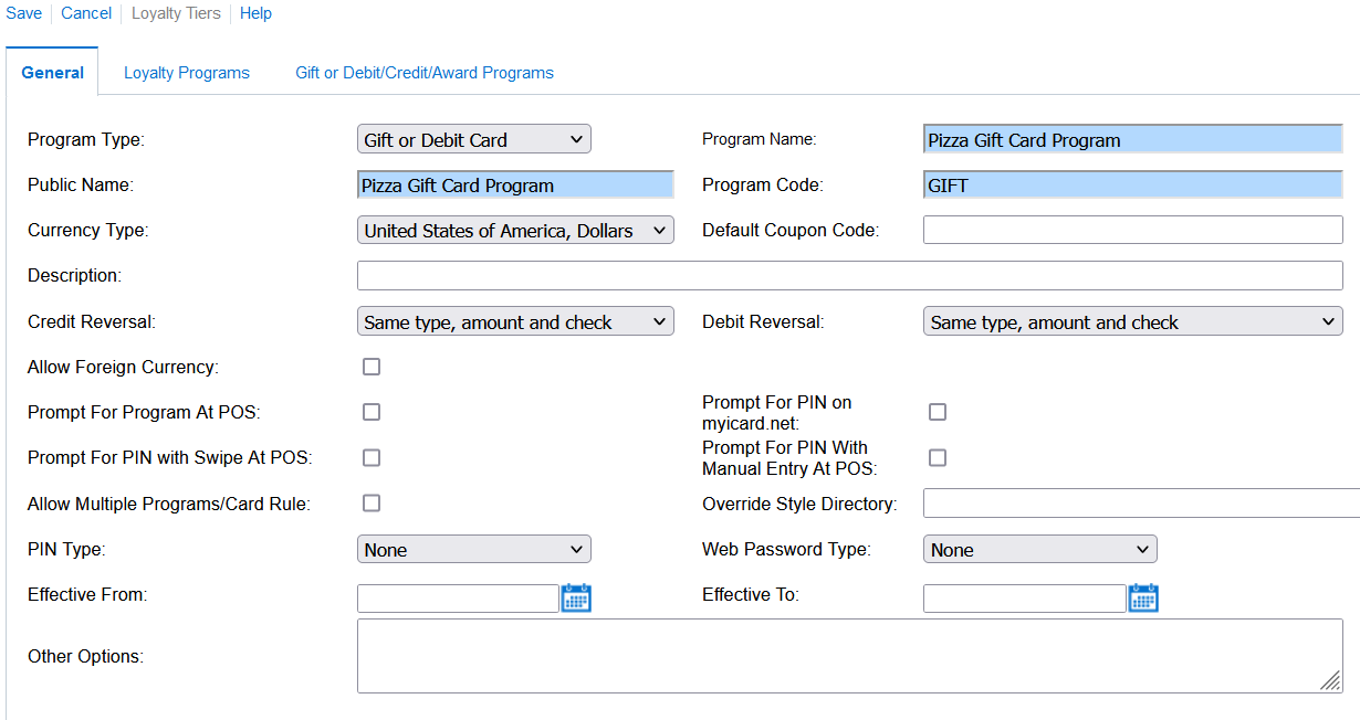 This figure shows the General tab fields on the Gift Card Program page in Simphony Home.