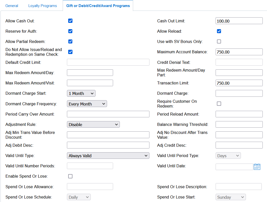 This figure shows the Gift or Debit/Credit/Award Programs page in Simphony Home.