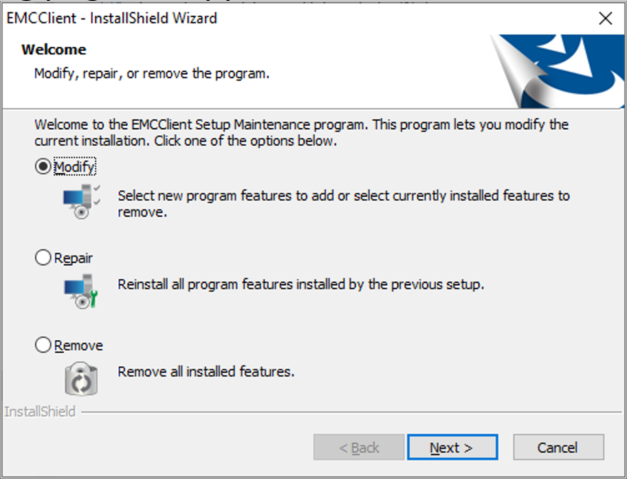 This figure shows the Welcome page in the EMC Client InstallShield Wizard.