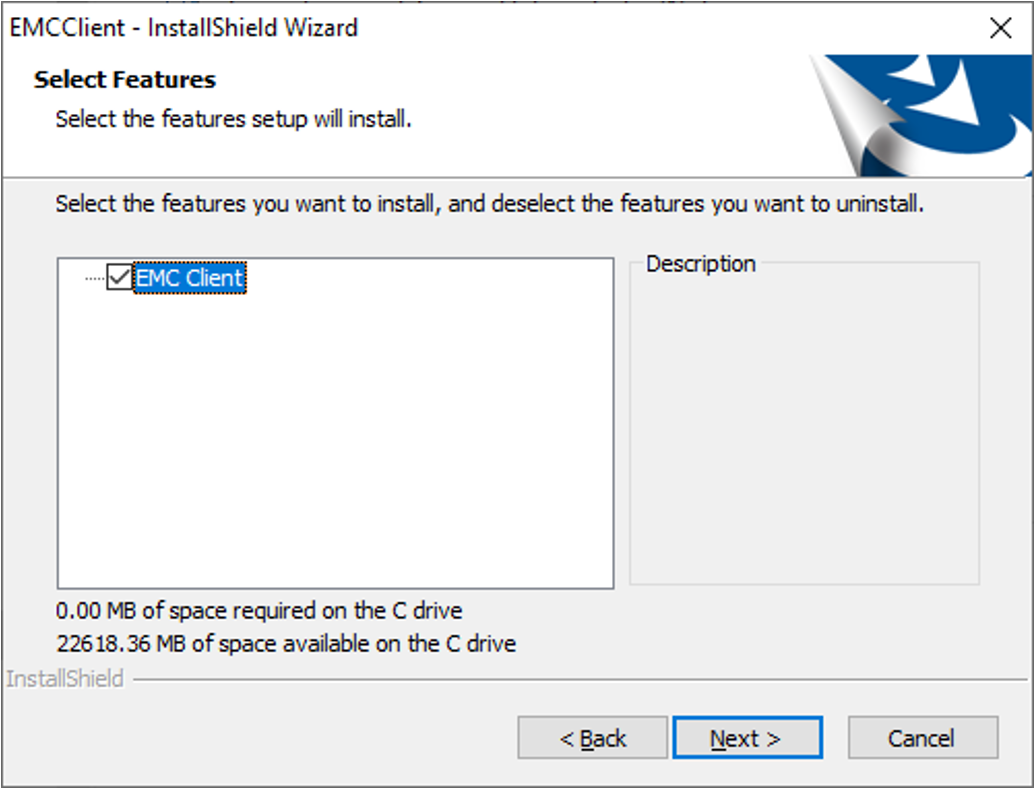 This figure shows the Select Features page in the EMC Client InstallShield Wizard.