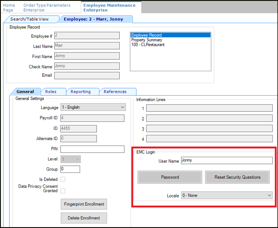 This figure shows the section of the Employee Maintenance module where you enter the employee’s user name.