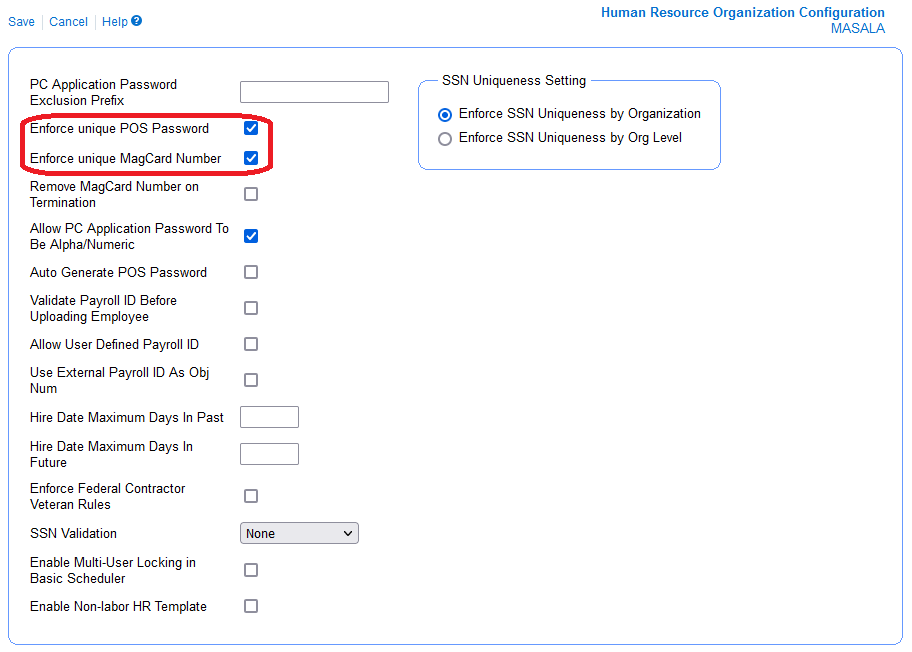 This figure shows the check boxes for Enforce unique POS Password and Enforce unique MagCard Number.