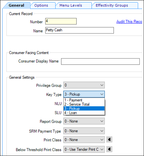 This figure shows the General Settings for the Pickup or Loan Record.