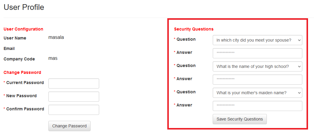 This figure shows the Security Questions that you can set in your user profile.