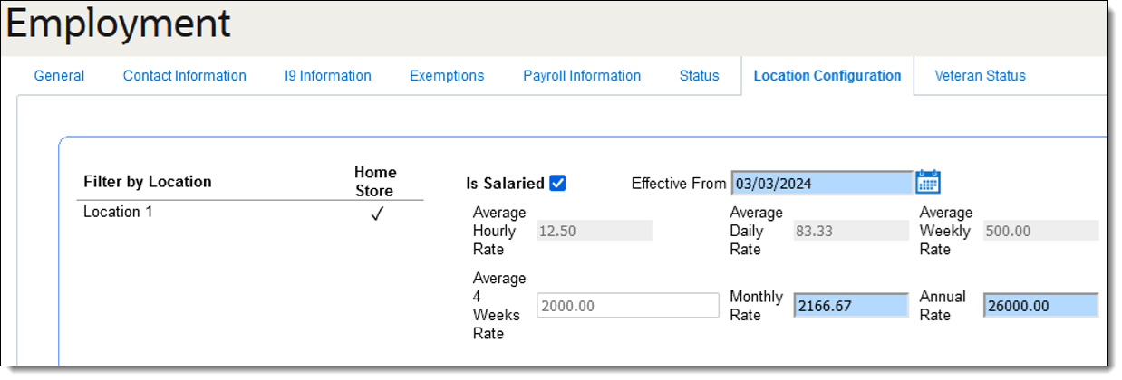 This figure shows the Employment page, Location Configuration tab.