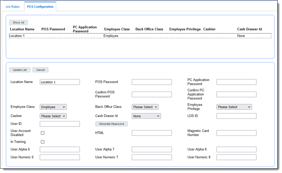 This figure shows the Employment page, POS Configuration tab.