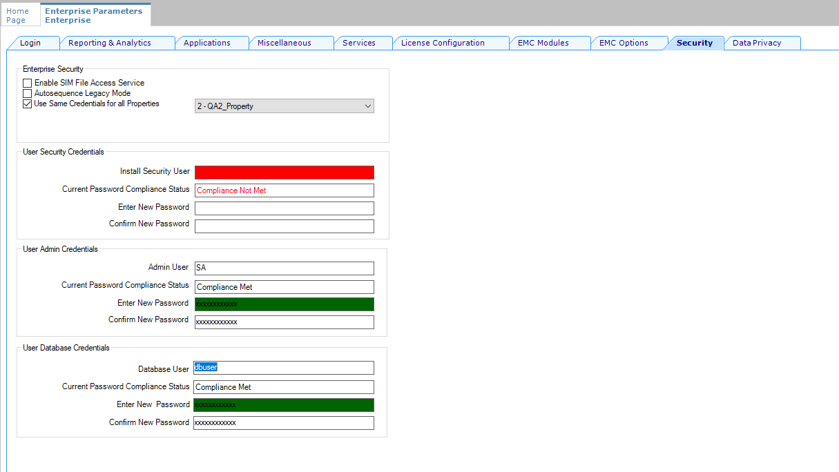 This image shows the Security tab of Enterprise Parameters and the relevant sections required for configuration.