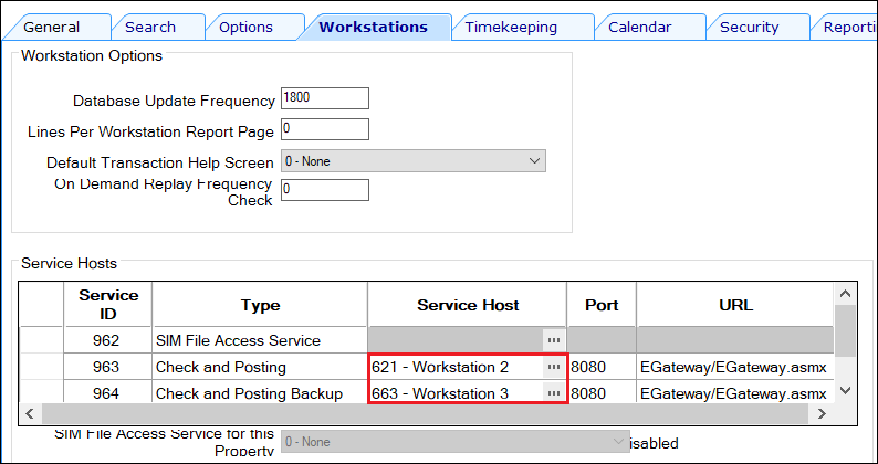 This figure shows the Workstations tab and the Service Host selections for the CAPS primary and backup workstations.