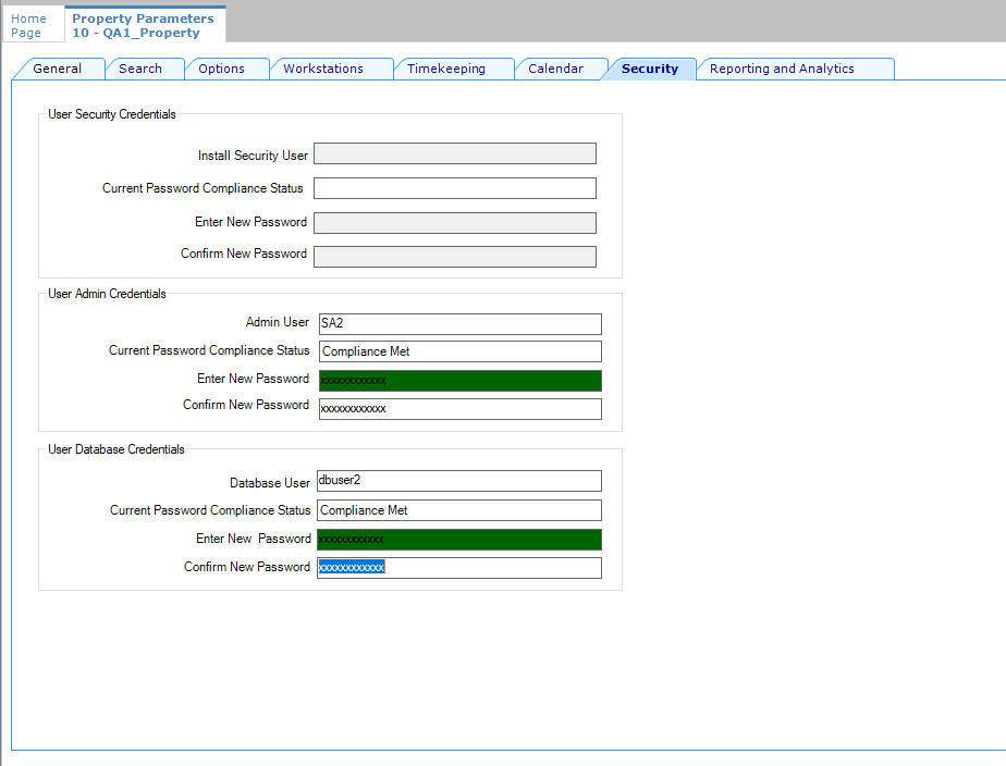 This image shows the Security tab of Property Parameters and the relevant sections required for configuration.