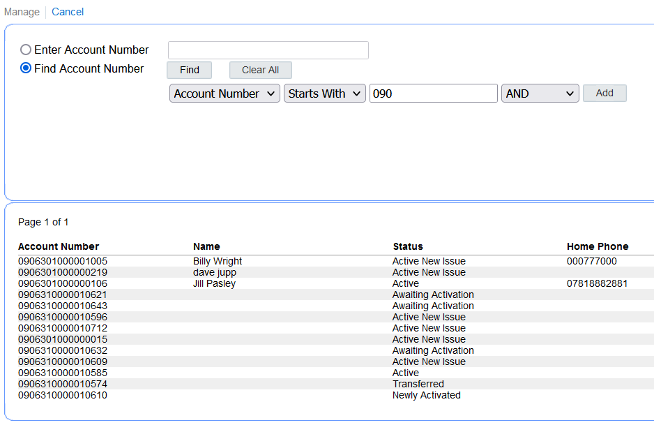 This figure shows the Find Account Number page in Simphony Home.