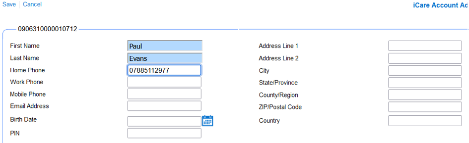 This figure shows the fields where you can change the account name and phone number in Simphony Home.