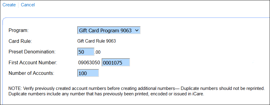 This figure shows the Create Card Numbers page in Simphony Home.