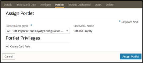 This figure shows the Gift and Loyalty Assign Portlet page in Simphony Home.