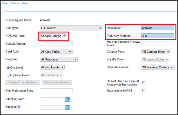 This figure shows the Edit POS Key page in Reporting and Analytics for Oracle Hospitality Gift and Loyalty Gift Cards.