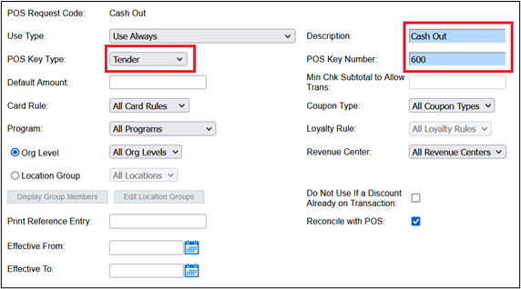 This figure shows the Edit POS Key page in Reporting and Analytics for Oracle Hospitality Gift and Loyalty Gift Cards.