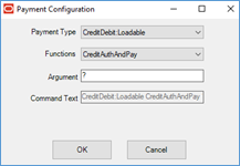 This figure shows the Payment Configuration dialog, where you can enter a question mark in the Argument field if you want to display a number pad that is used for under and over payments on the workstation.