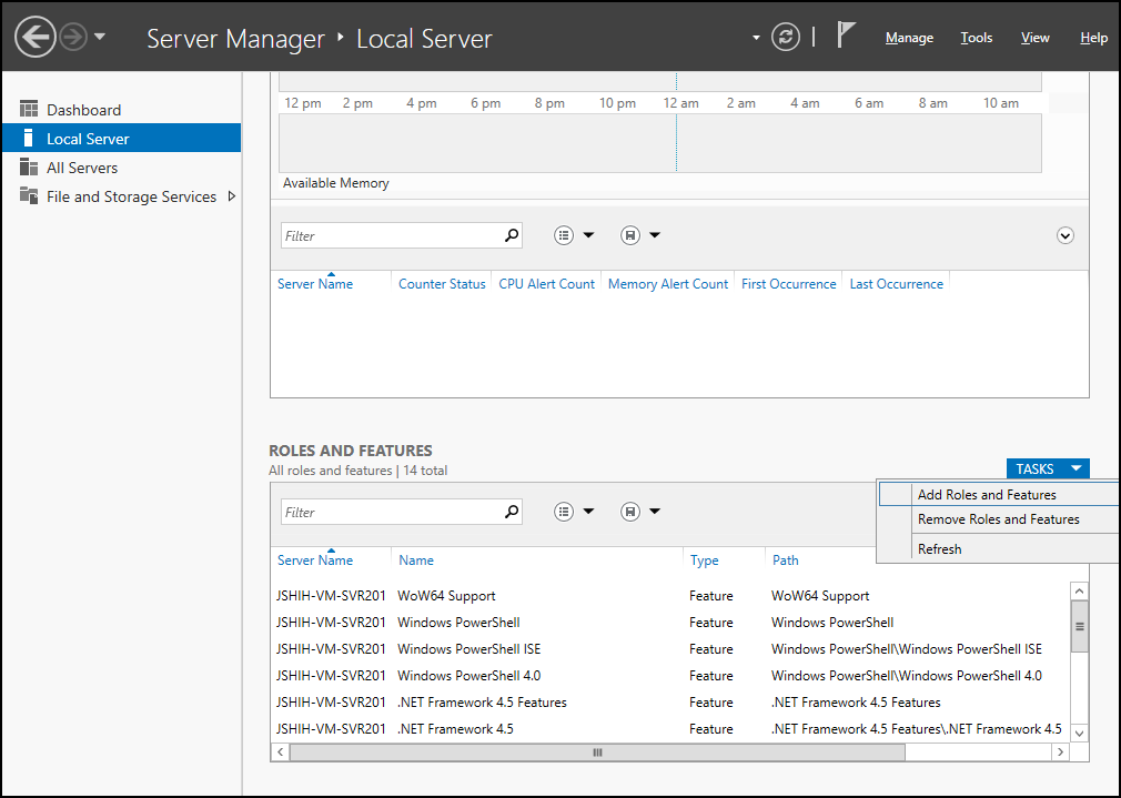 This figure shows the Local Server Manager window where you add roles and features.