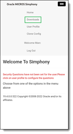 This figure shows the Welcome to Simphony page with the Downloads link indicated after the page is expanded.