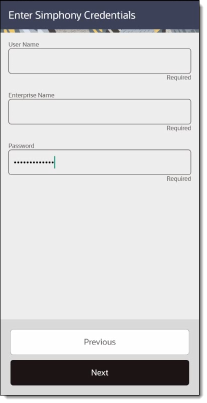 This figure shows the Enter Simphony Credentials dialog, which shows the User Name, Enterprise Name, and Password fields.