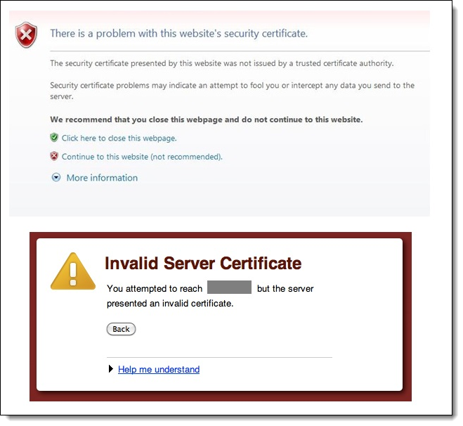 This figure shows an example of an invalid server certificate.