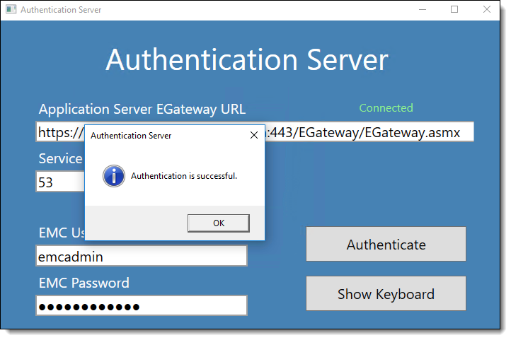 This figure shows the authentication screen for a DCAL server.