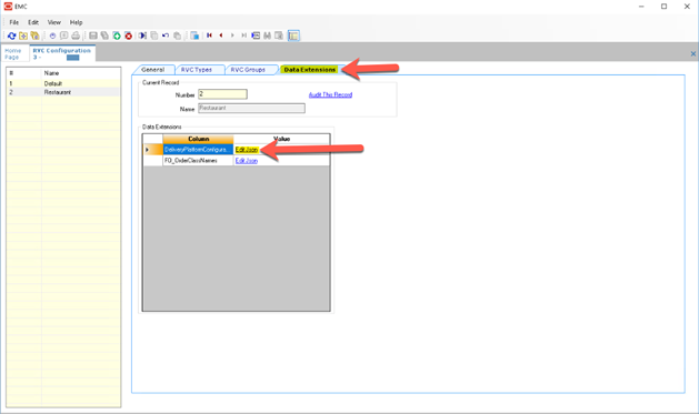 This figure shows the RVC Configuration module, Data Extensions tab.