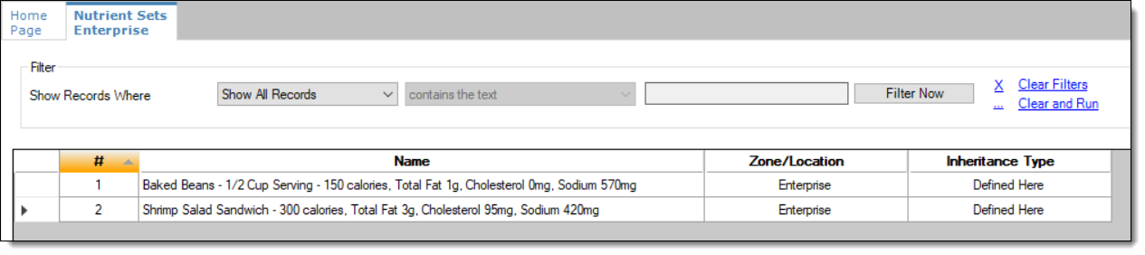 This figure shows the Nutrient Sets module in table view.