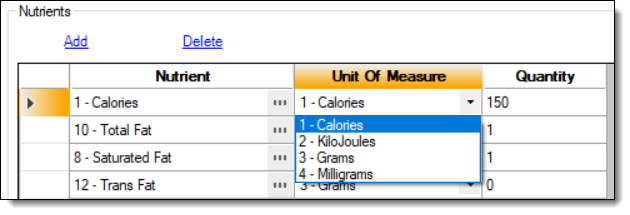 This figure shows the drop-down list of the units of measure column to add to the Nutrient Sets module.