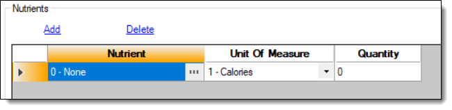 This figure shows adding nutrient information to the Nutrient Sets module in table view.
