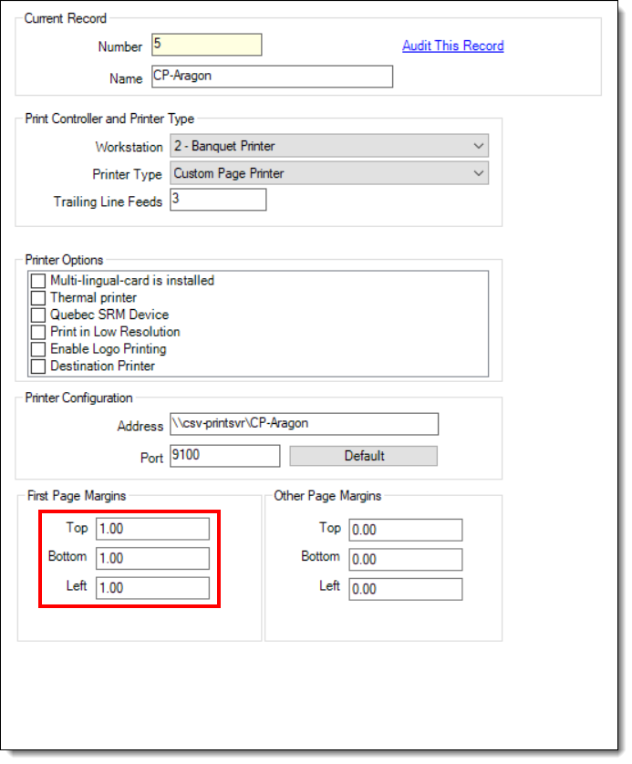 This figure shows the Banquet Check Printer record where you configure the margins for the printed banquet check page.