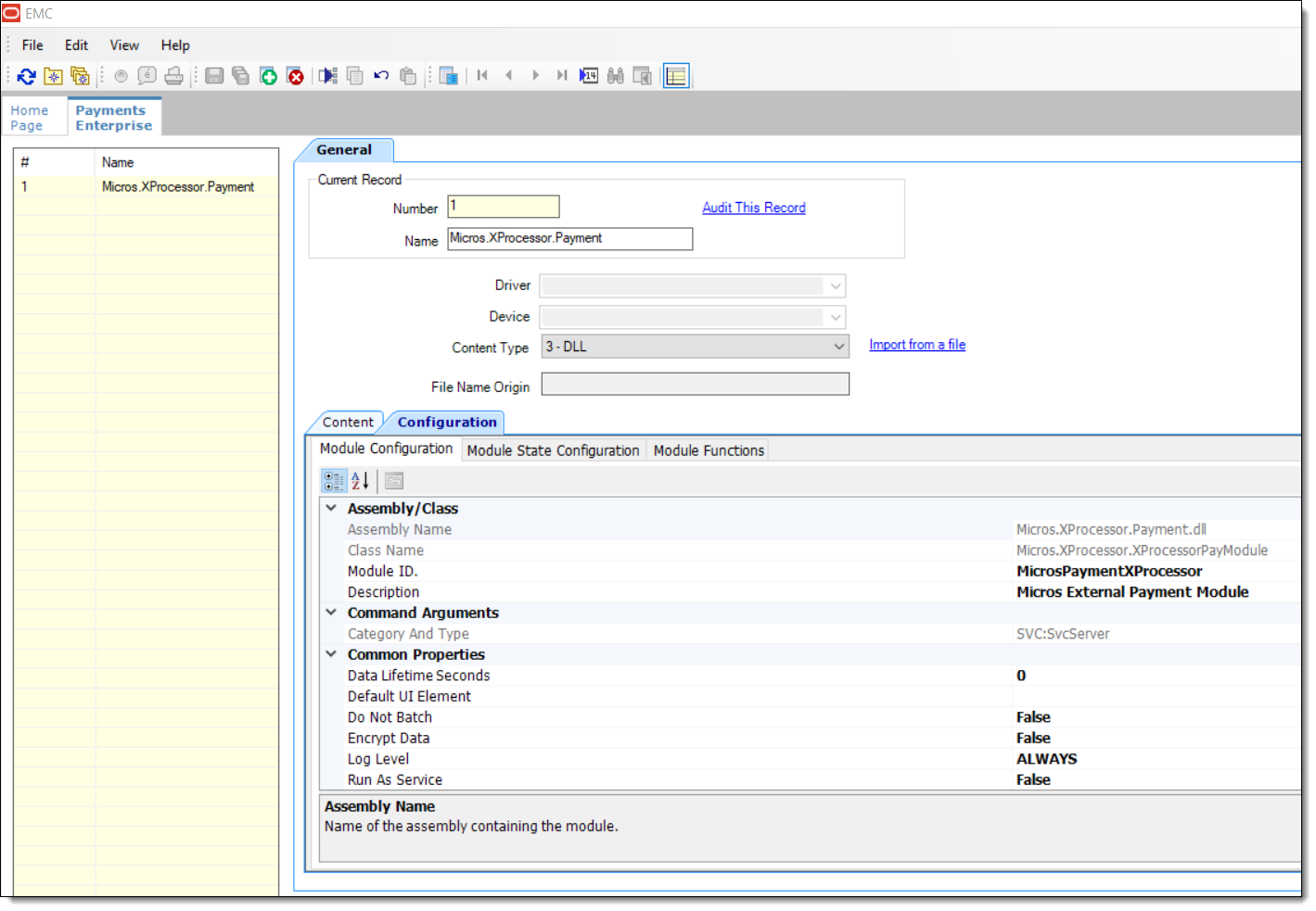 This figure shows the Simphony EMC Payments module setup for the Payments .DLL file.