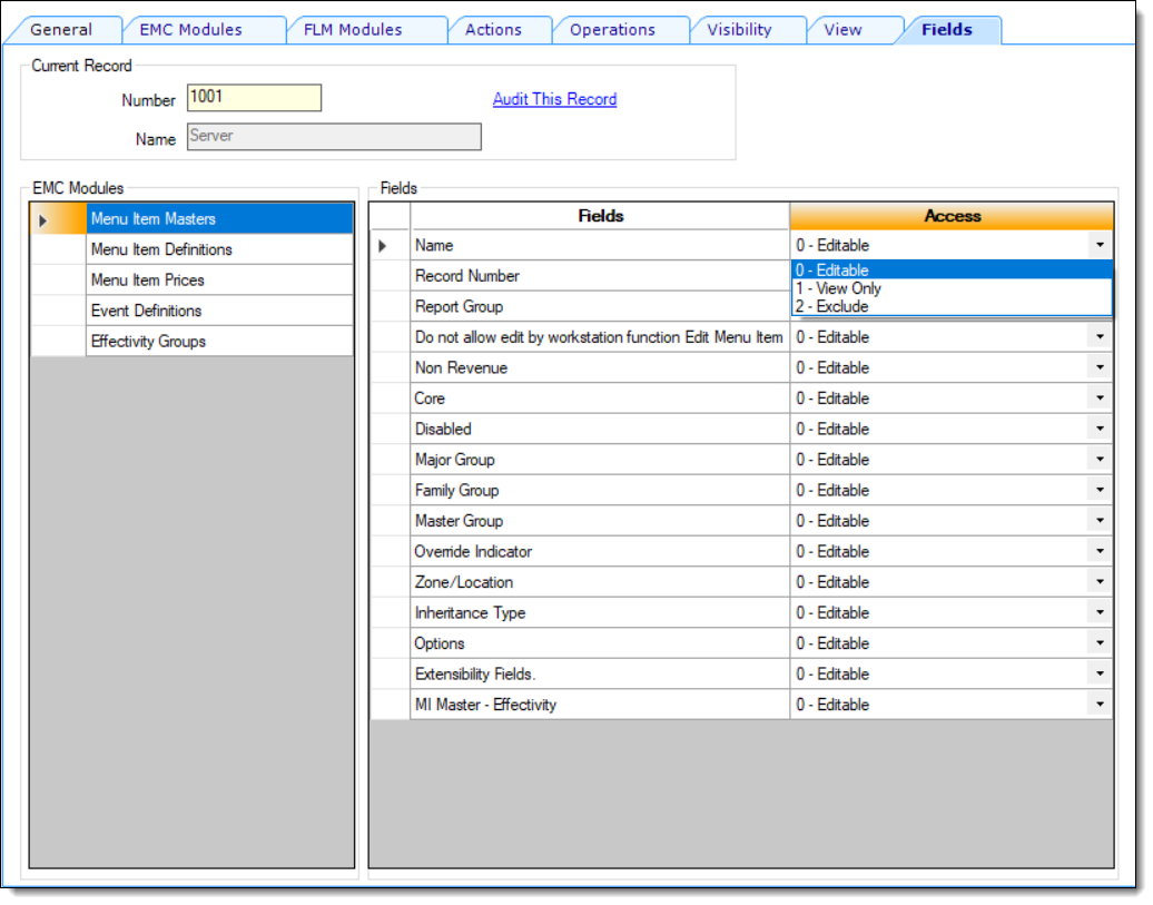 This figure shows the Roles module, specifically the Fields tab and its settings.