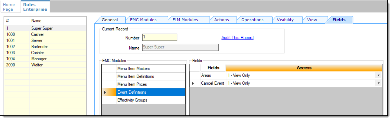 This figure shows the Roles module, Fields tab, specifically the available Event Definitions field settings.