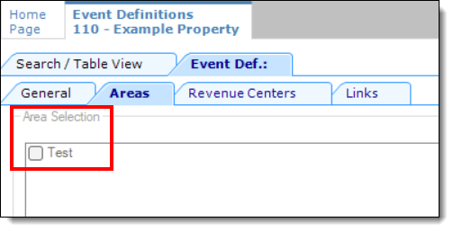 This figure shows the Event Definitions module and the grayed out Areas tab field which has restricted access as configured from the Roles module via the Fields tab.