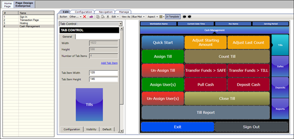 This figure shows an example of a page with cash management functions created from the Page Design module.